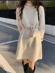 Soft Lazy Sweater Skirt Mid Long Waist Cinched Autumn Winter Temperament Casual Fashion Dress Fit Belly Covering Slimming Top