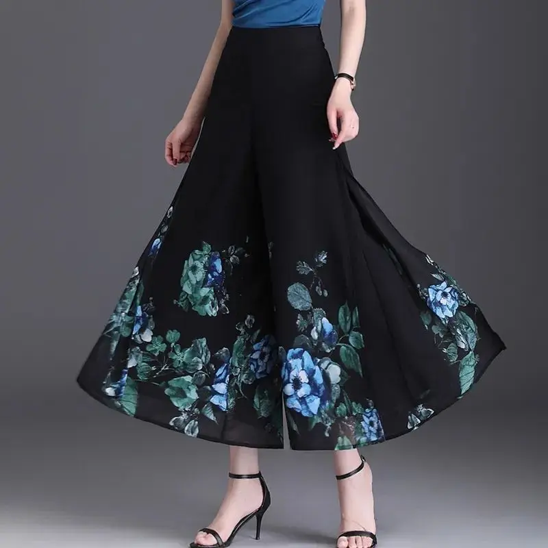 Yaz çin tarzı Vintage şifon geniş bacak pantolon kadınlar yüksek bel baskı Patchwork cep düğmesi düz kırpılmış pantolon