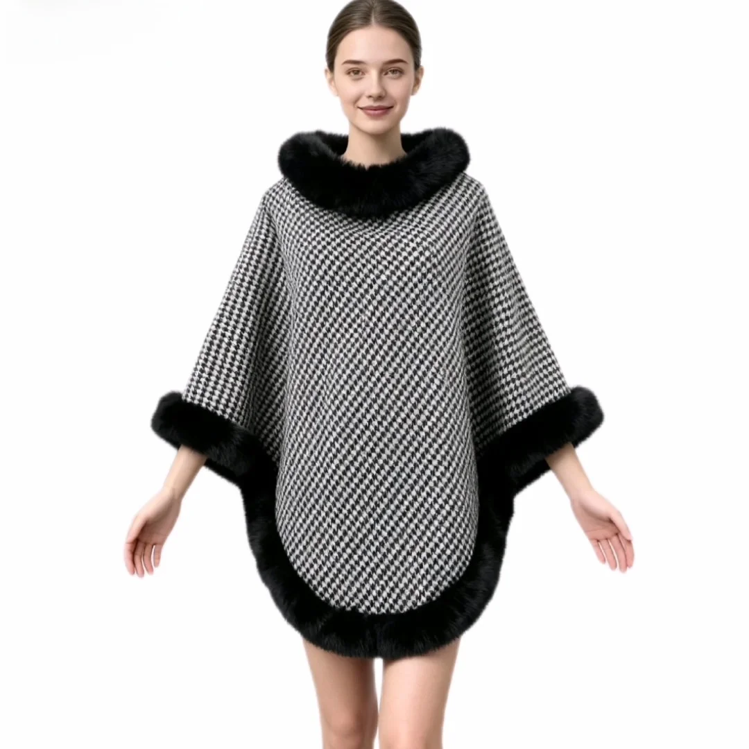 

Warm Plaid Rabbit Fur Coat Scarf Women's Winter Neck Protection Brown Outerwear Shawl Collar Quilted Polyester Coat with Hat
