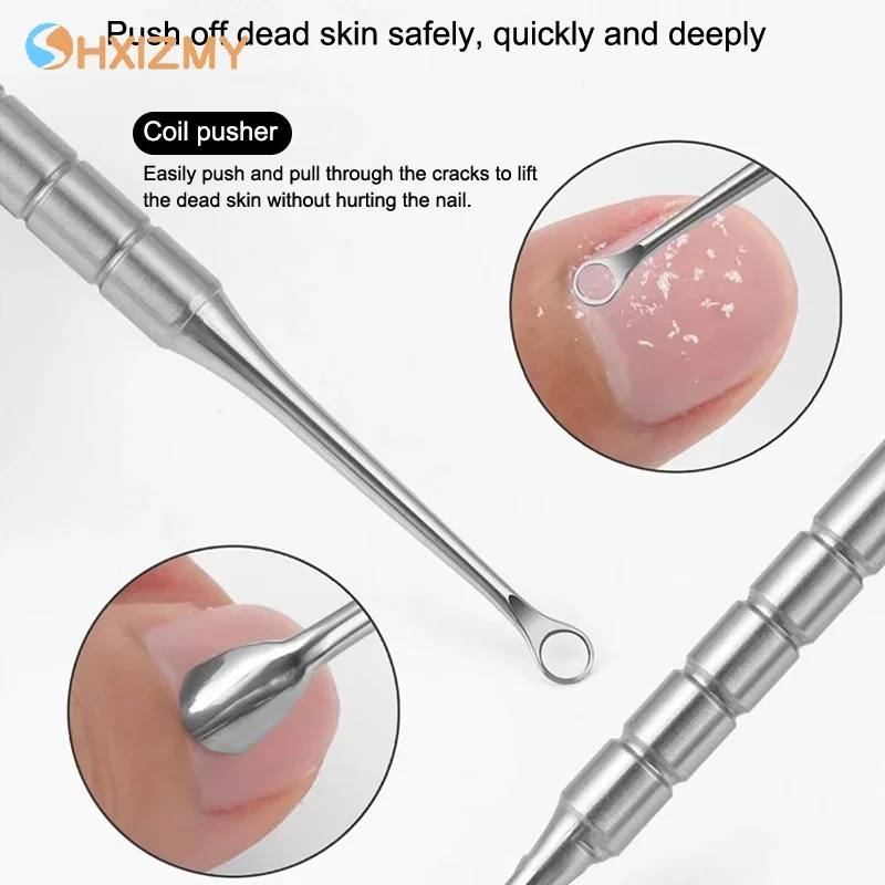 Removedor de cutícula de aço inoxidável de duas cabeças, empurrador de unhas, limpo, pele morta, círculo, pá chanfrada, ferramenta de esfoliação de manicure