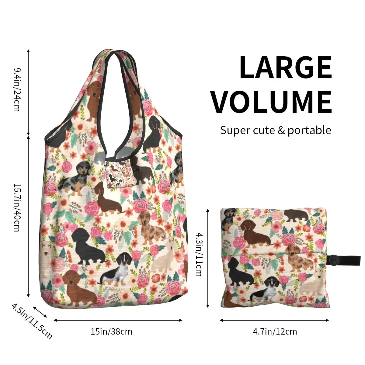 Kawaii Print Dachshund Floral Dog Patterns Tote Shopping Bags Portable Shoulder Shopper Badger Sausage Handbag