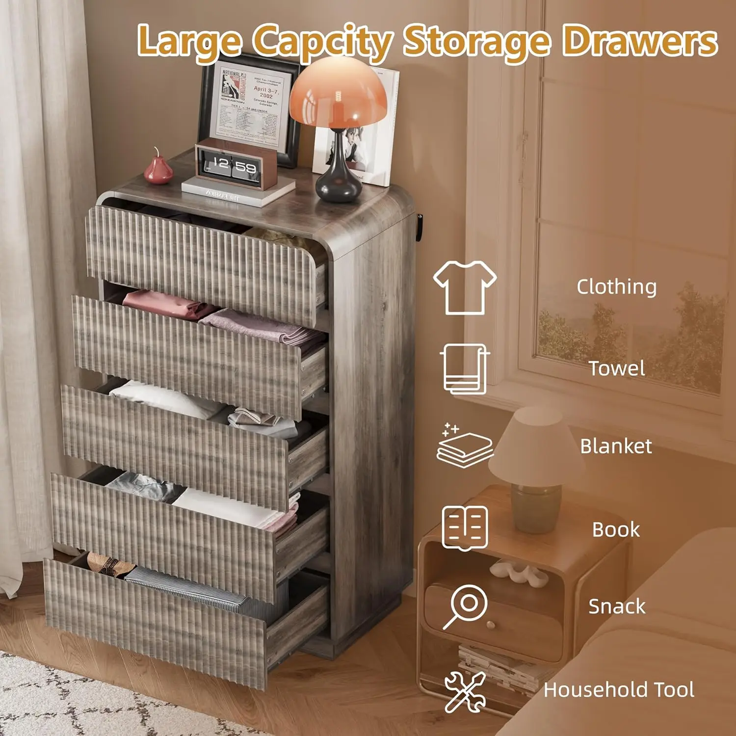 Grey Fluted Tall 5 Drawer Dresser for Bedroom Wood Chest of Drawers with Hidden Handles Rounded Corners Fluted Drawer Front Stor