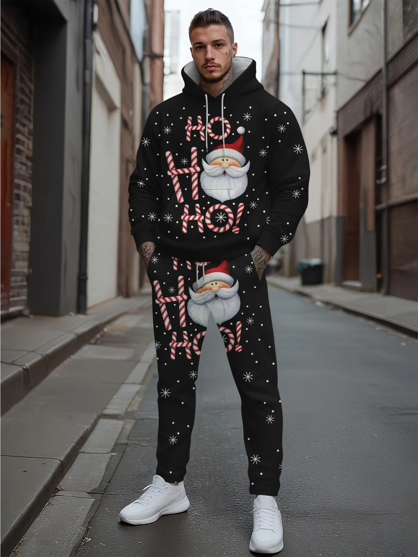 

Модные мужские толстовки с принтом Санта-Клауса, костюм, осенние толстовки большого размера, комплект из 2 предметов, трендовая рождественская мужская одежда в стиле хип-хоп, топы
