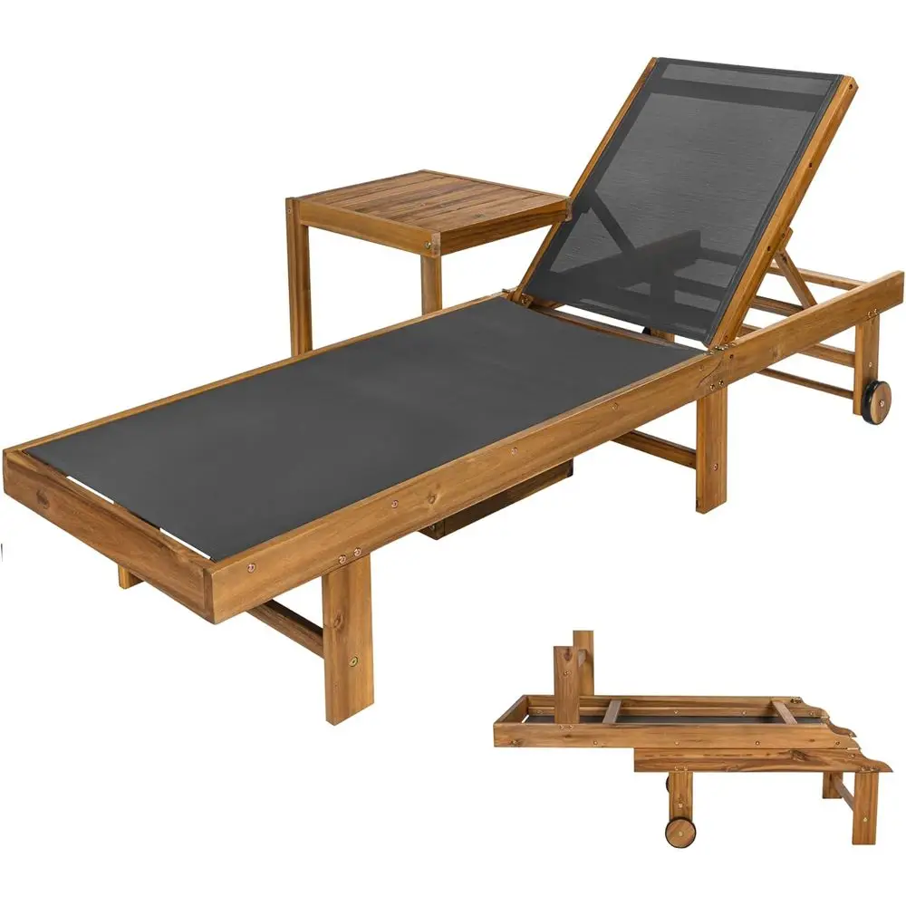 

3-Position Outdoor Adjustable Chaise Lounge Set with Side Table, Acacia Wood, Gray/Teak Brown