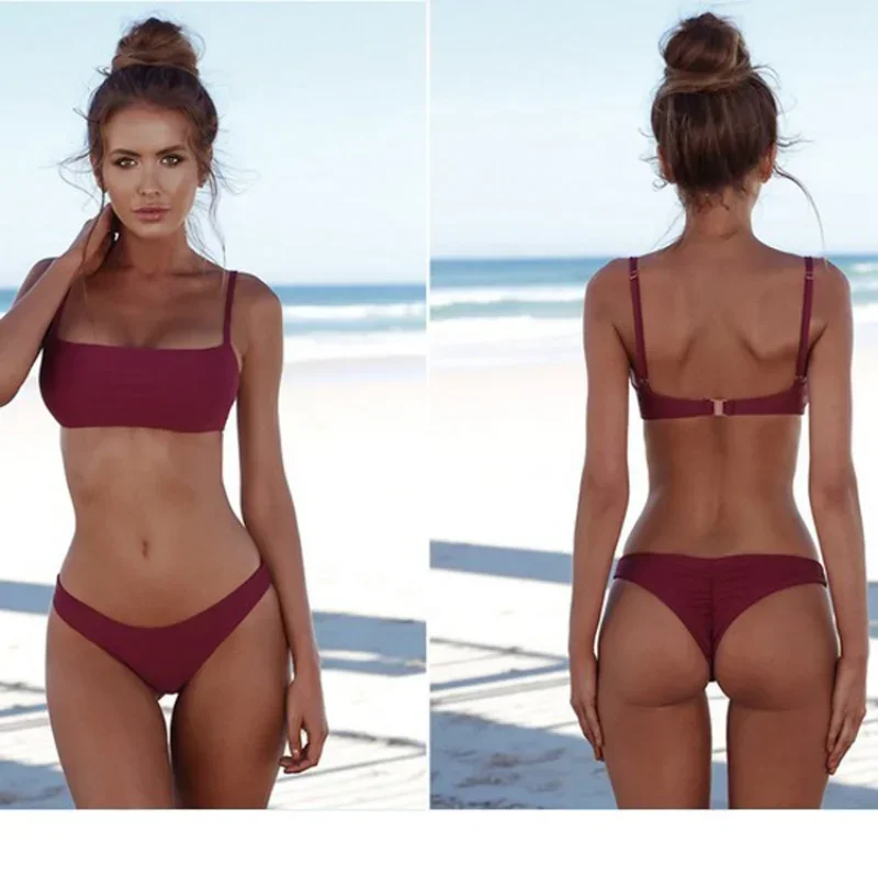 

Sexy Swimsuit Split Halter Solid Color Bikini Swimsuit Bathing Suit Women