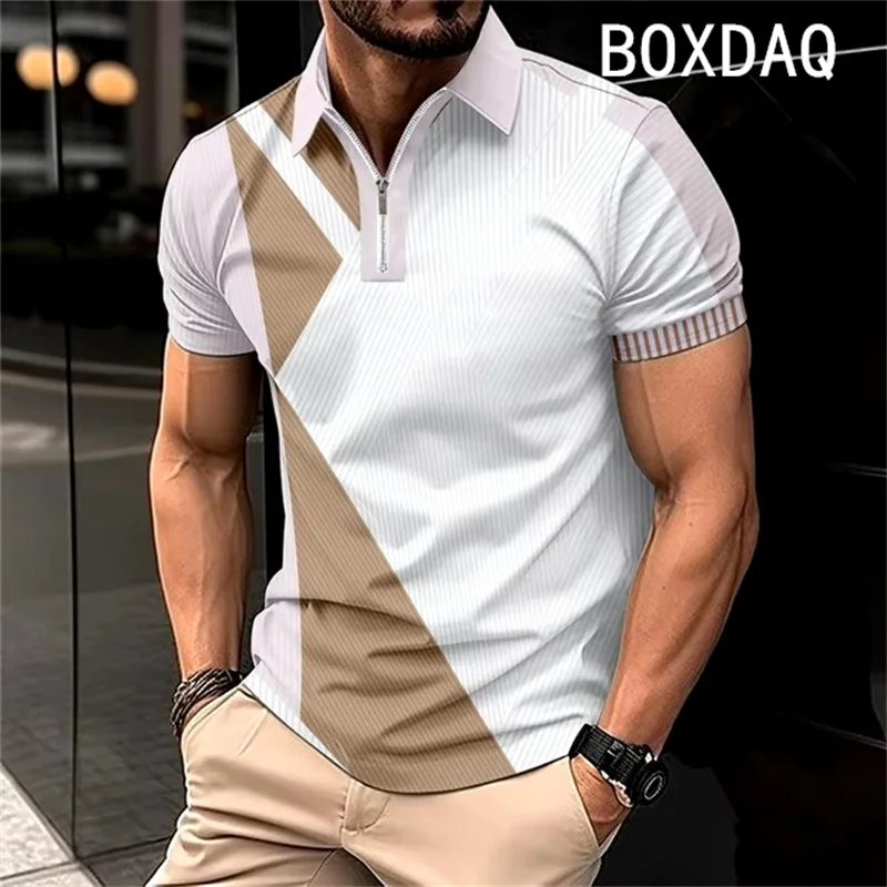 Men\'s Summer Short Sleeve Lapel Zipper Collar Polo Shirt Fashion Minimalist Casual Polo Shirt 3D Color Splicing Polo Shirt Tops