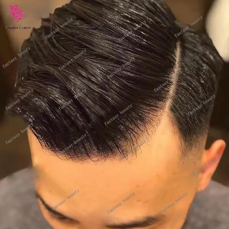 

Natural Hairline Invisible Breathable HD I-Lace&PU Silk Top Base Lace Front Black Mens Toupee 100% Human Hair Wigs Capillary Pro