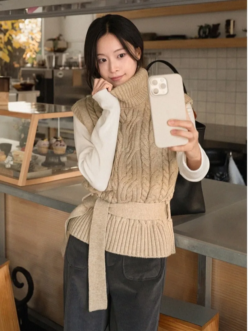 

Women's High Ne Knitted Vest Soft Cozy Belted Autumn Winter Layering Sweater Versatile Faionable Korean Sle Inner Wear