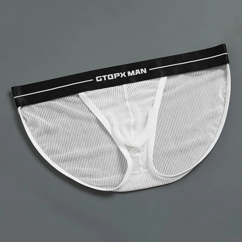 

Sexy Men Briefs Mesh Solid Thin U Convex Pouch Low Waist Briefs Underwear Lingerie Panties Elasticity Underpants Male