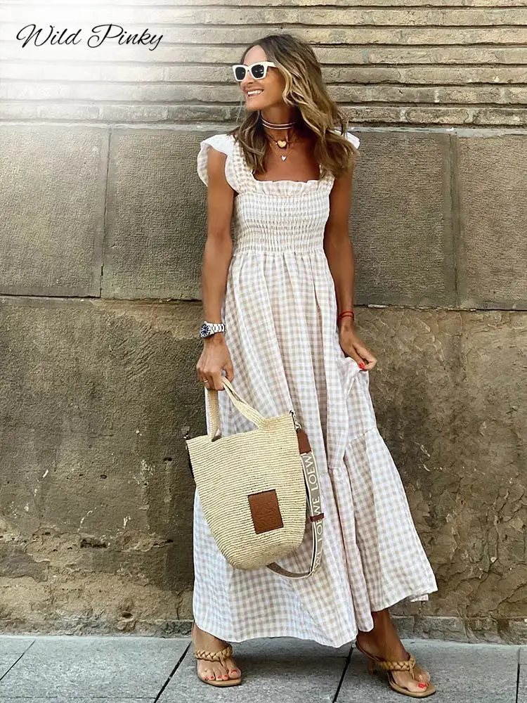 WildPinky Elegant Square Collar Plaid Summer Dress Women A-line Elastic Khaki Ruffled Dresses Beach Party Sleeveless Maxi Dress