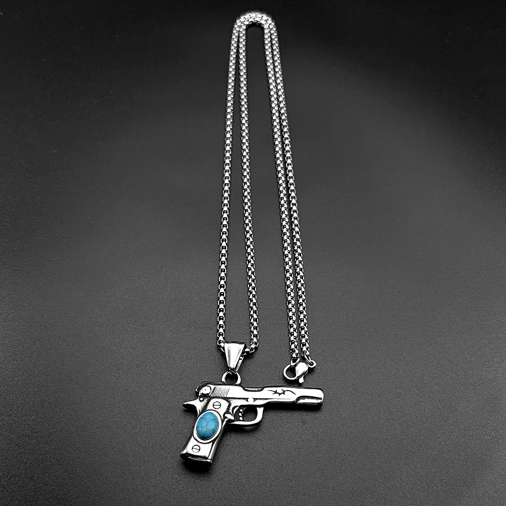 Retor Dark Punk Pistol Necklace For Women Men Stainless Steel Silver Color Turquoise Beak Street Hiphop Party Male Chain Jewelry view 5