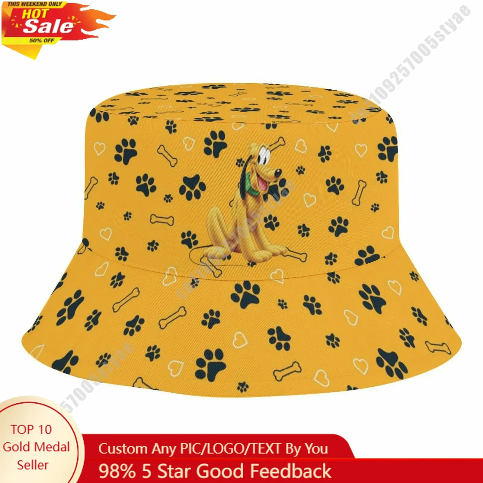 

Pluto Bucket Hat Disney Cartoon Character Custom Design Upload Your Image Logo Fisherman Hat 50–54cm Head Circumference