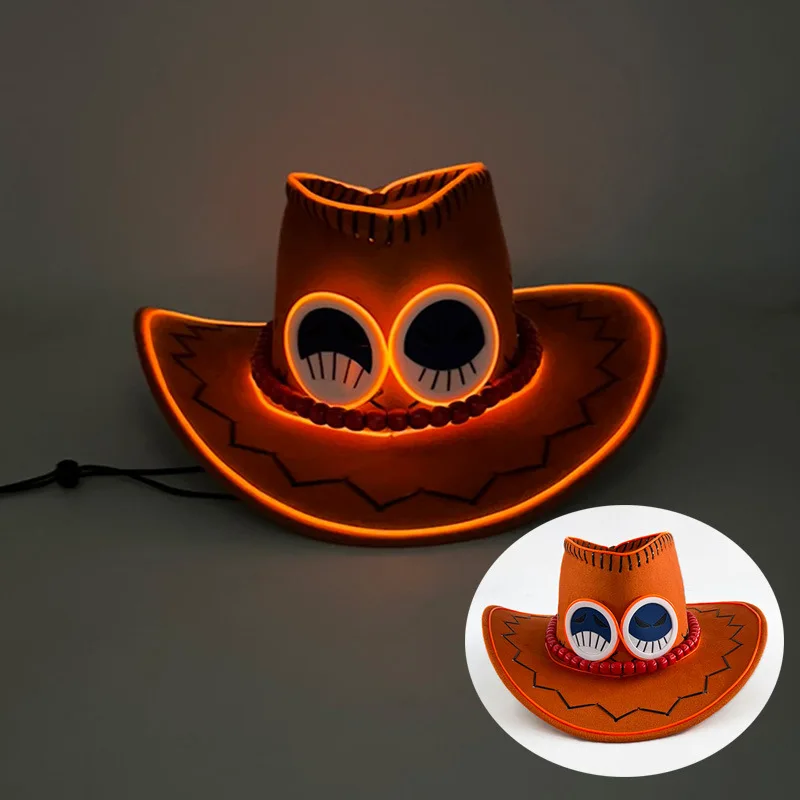 Nuovo arrivo Anime Ace Cappelli Cosplay Unisex Rufy Ace Arancione LED Berretto da cowboy per adulti Carnevale di Halloween Accessori Cosplay