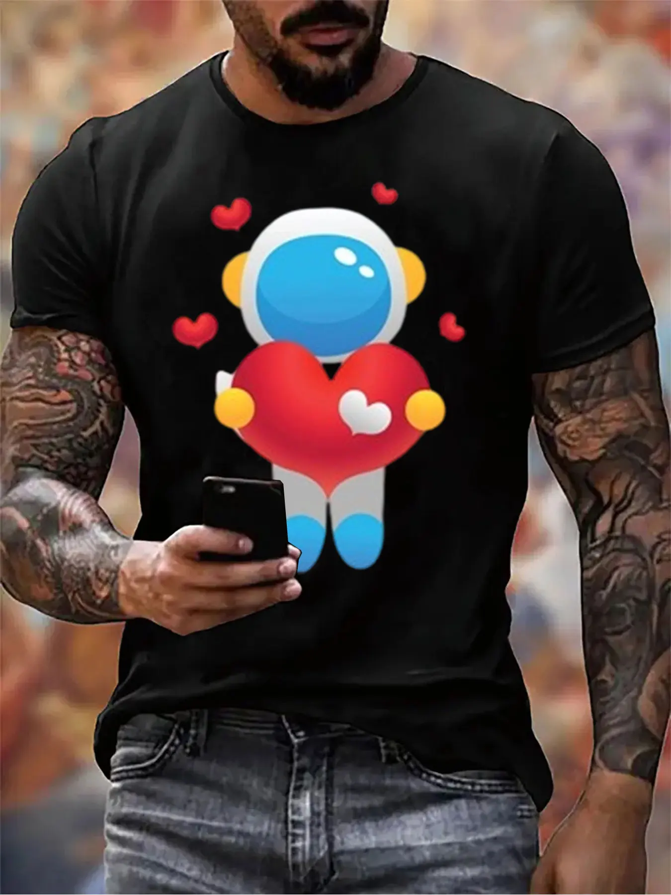 

Men's Cotton Astronaut Heart Print Tee For Christmas Gift, Soft Crew Neck Shirt For Outdoor Activities, Top For Him