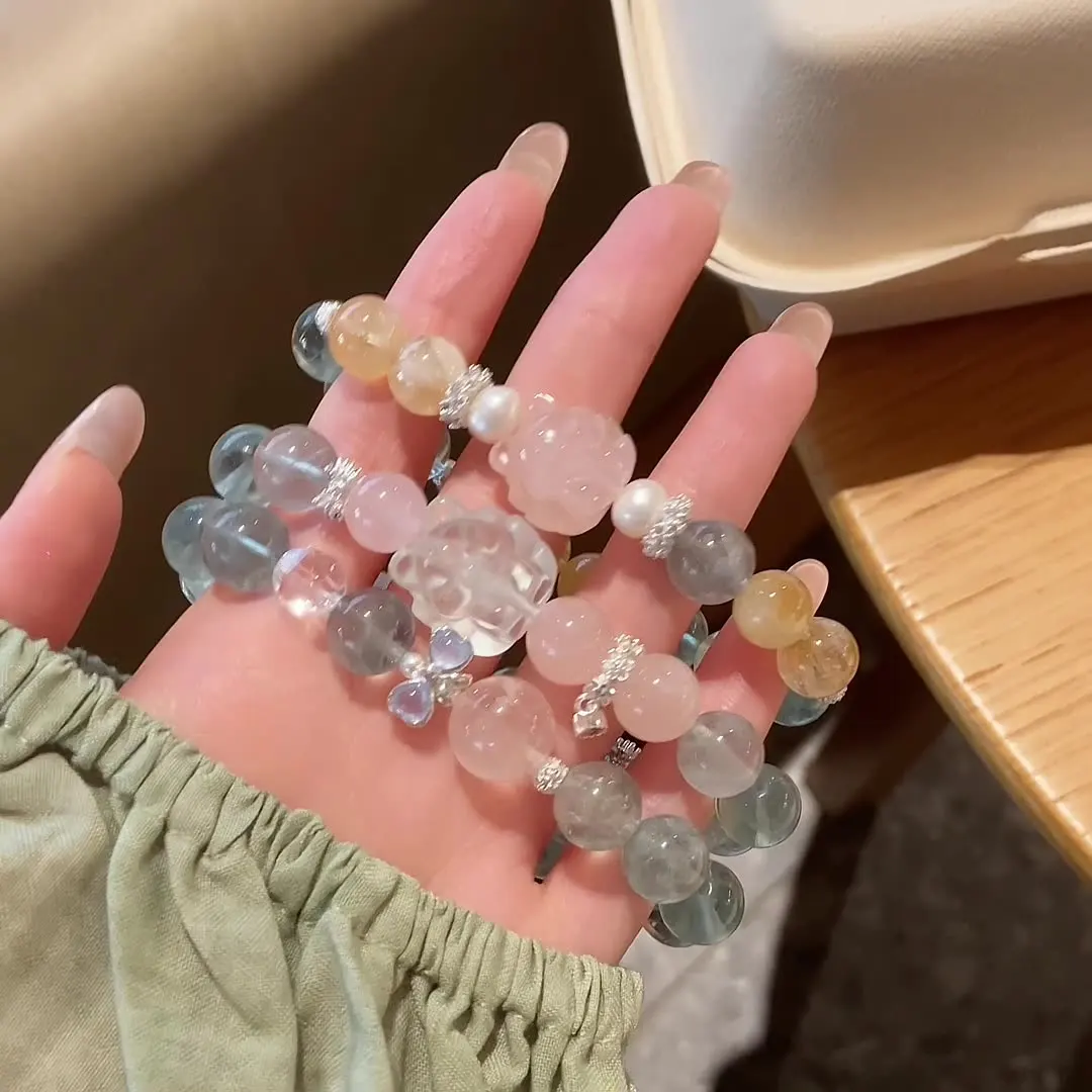 

Green Vitality New Chinese Sweet Forest Natural Fluorite Bracelet with High Quality Pink Crystal Nine Tailed Fox Bracelet