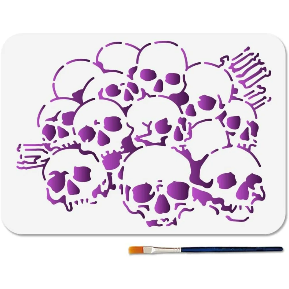 Totenkopf-Malerei-Schablone im A4-Format, Totenkopf-Stapel-Vorlage mit Pinsel, 11,7 x 8,3 Zoll, Skelett-Vorlage, Halloween-Kunst, Kunststoff-Schablone