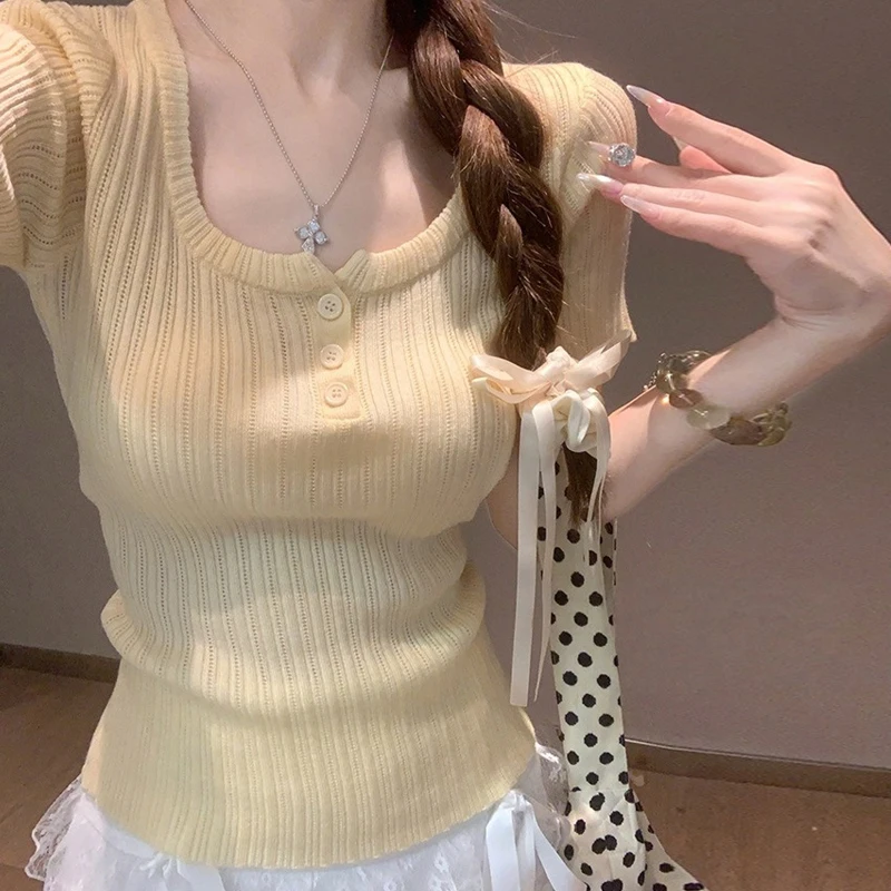 

Korean Style Grey Square Collar Striped Sweater Short Sleeves For Women Summer