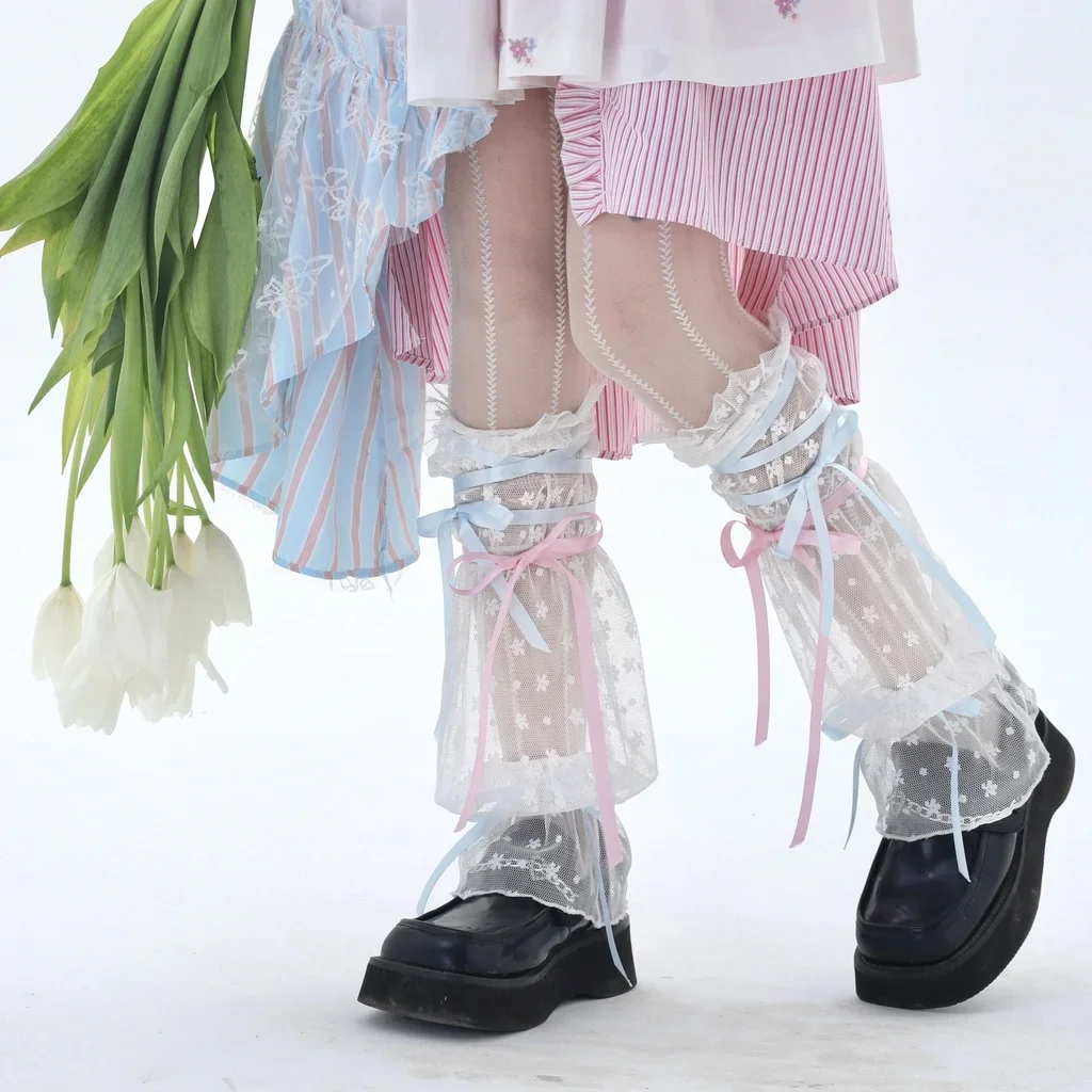 Y2K Ribbon Ballet Leg Warmers Lolita Sweet Hollow Mesh Socks Lace Versatile Leg Covers Medium Tube Pink Blue Bandage Pile Socks