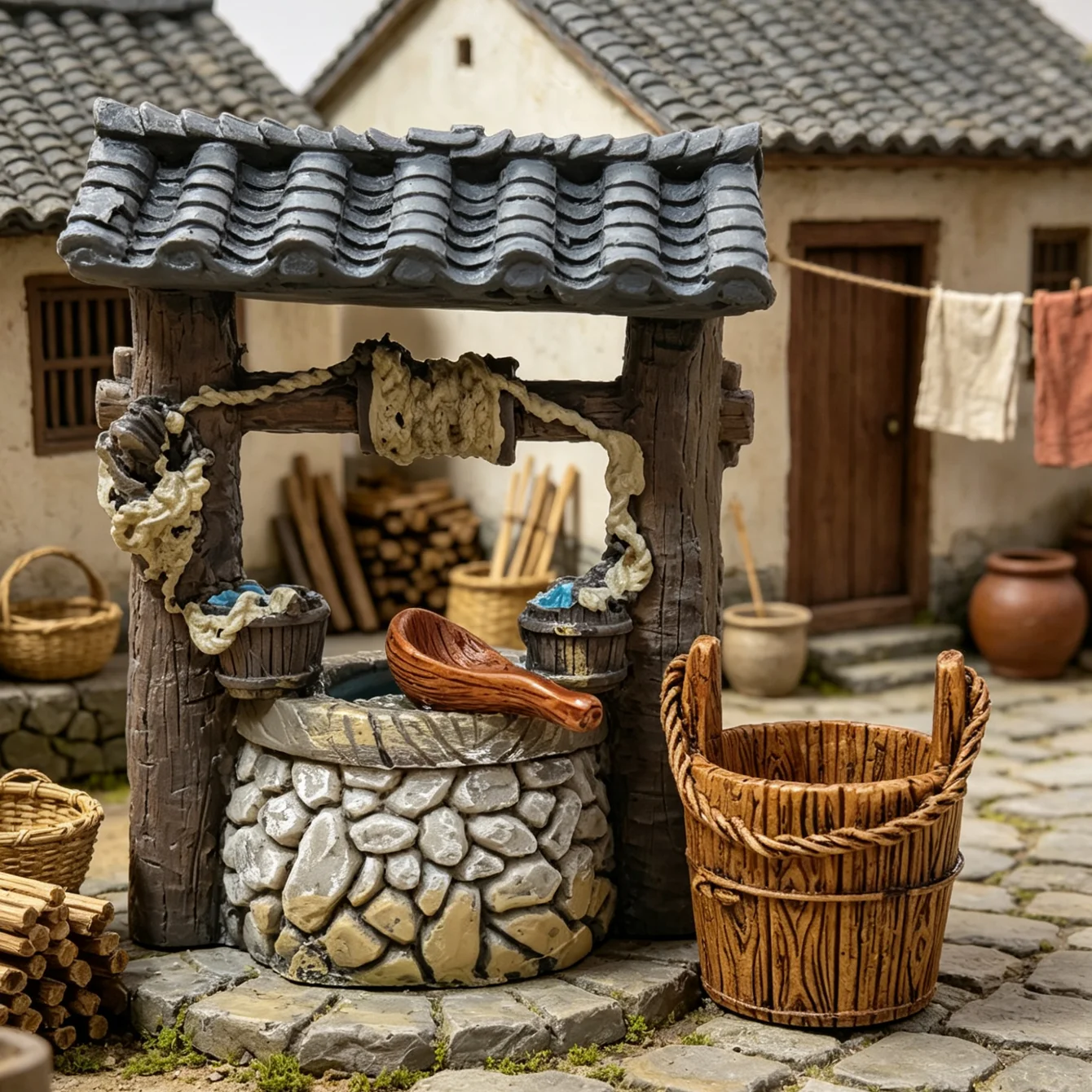 3-teiliges Vintage-Miniatur-Brunnen-Display-Set, Puppenhaus-Bauernhof-Brunnen- und Eimer-Set, Mikro-Landschaftsgarten-Dekorationszubehör – Detail 2