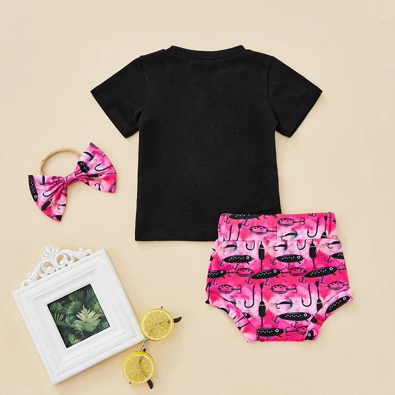 Baby Short Sleeve Tops Shorts Bow Headband Letter Print Water Animals Hook Summer Clothing