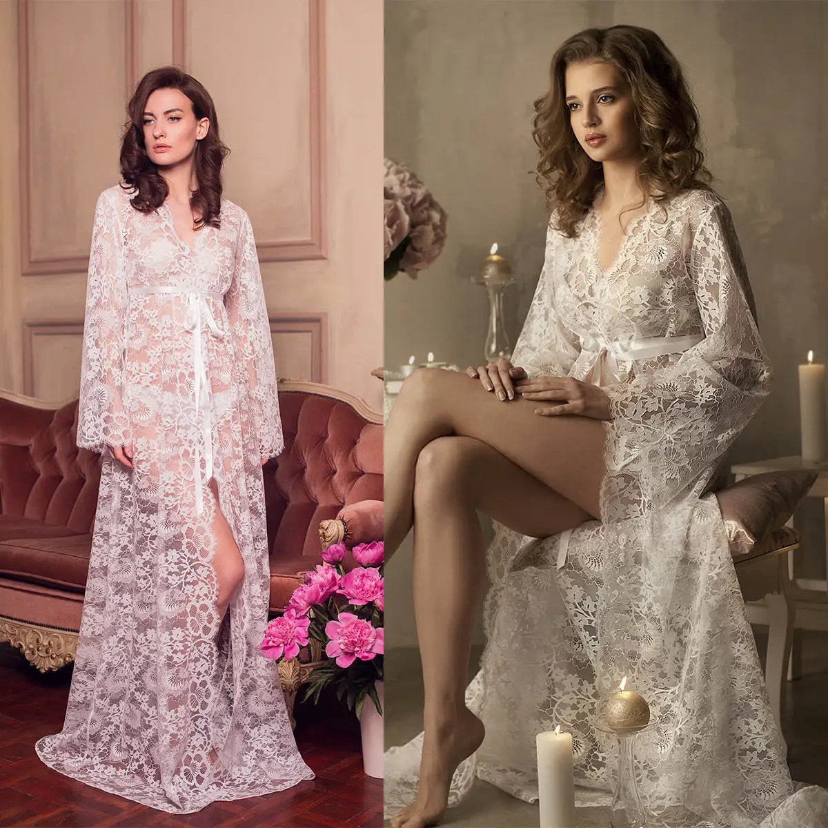 

Graceful Women Nightgown Appliques Bridal Pajamas Long Sleeve Maternity Dressing Shower Gown for Photography Custom Made