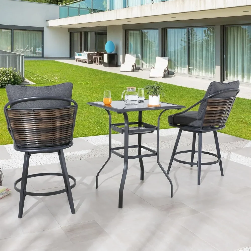 

3 Pcs Patio Bar Set Outdoor, Black Glass Table & Metal Swivel Stools with Grey Cushions