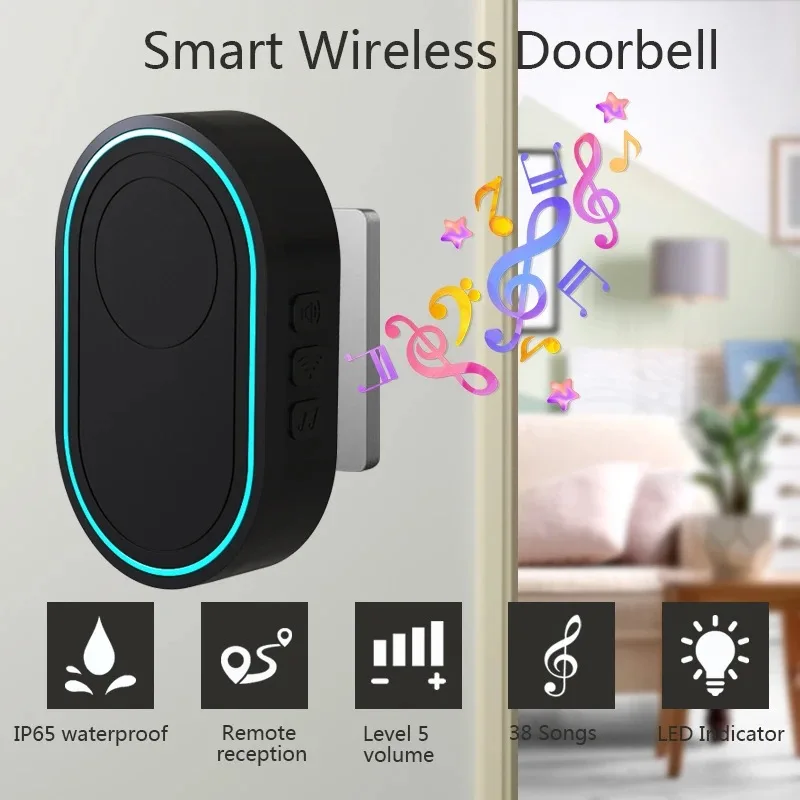 Black Outdoor Waterproof Button Wireless Music Doorbell Alarm Children And Elderly Emergency Pager 433Mhz