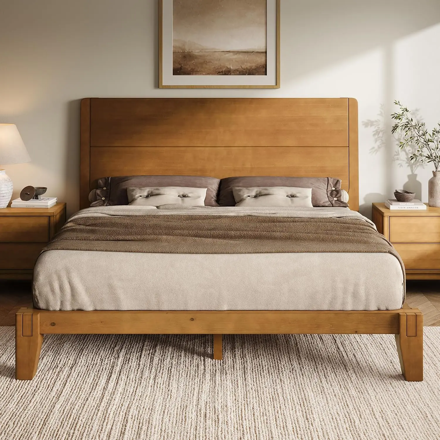 Solid Wood Queen Bed Frame with Headboard Japanese Joinery Brown, Customized
