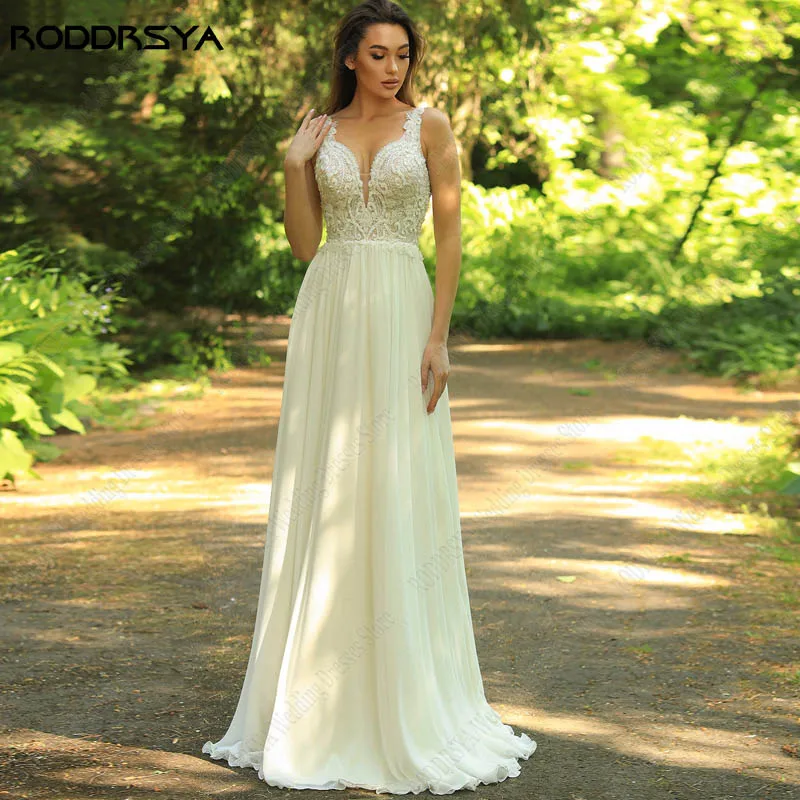 RODDRSYA senza maniche senza spalline abiti da sposa per le donne Appliques Vestido De Novia Boho Chiffon a-line abiti da sposa spiaggia senza maniche senza spalline abiti da sposa per le donne Appliques Vestido De Nov