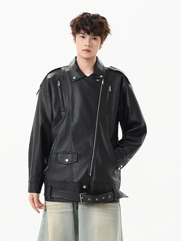 

Мужская куртка из искусственной кожи в стиле ретро, свободного кроя, для мотоциклистов, весна-осень, повседневная, модная, теплая, с длинными рукавами, на молнии