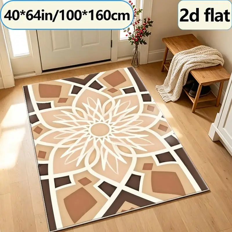 Boho Vintage Brown Beige Mandala Square Rug Geometric Floral Pattern Non-Slip Carpet Suitable for Home Living Room Bedroom