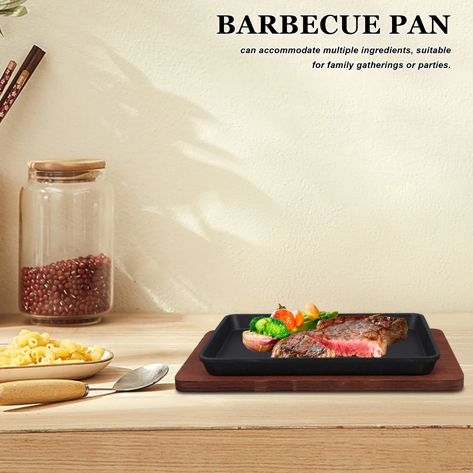 

Square Barbecue Cast Iron Skillet Pan Wood Base Nonstick Frying Grilling Steak Fish Large Size Teppanyaki Kitchen Utensils