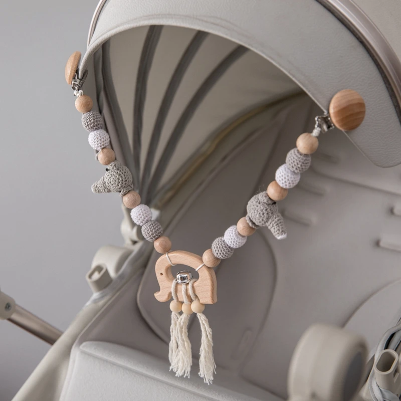 Baby Wood Crochet Stroller Toys Elephant Bed Hanging Rattle Toy Crochet Animal Pendant Bead Bracelet Baby Crib Mobile Rattle Toy