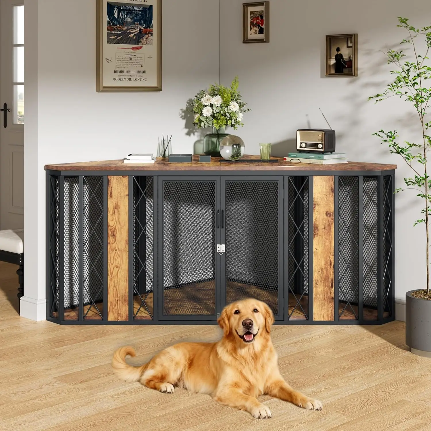 

67' Corner Wooden Dog Crate Furniture with Diamond Metal Decoration, Pet Kennel for Small, Medium and