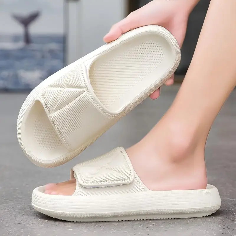 Zapatillas sin cordones de suela gruesa para mujer, zapatillas de verano para uso exterior para mujer, zapatillas de pan de playa de pie ancho con velcro informal de coco para parejas de suela blanda para el hogar
