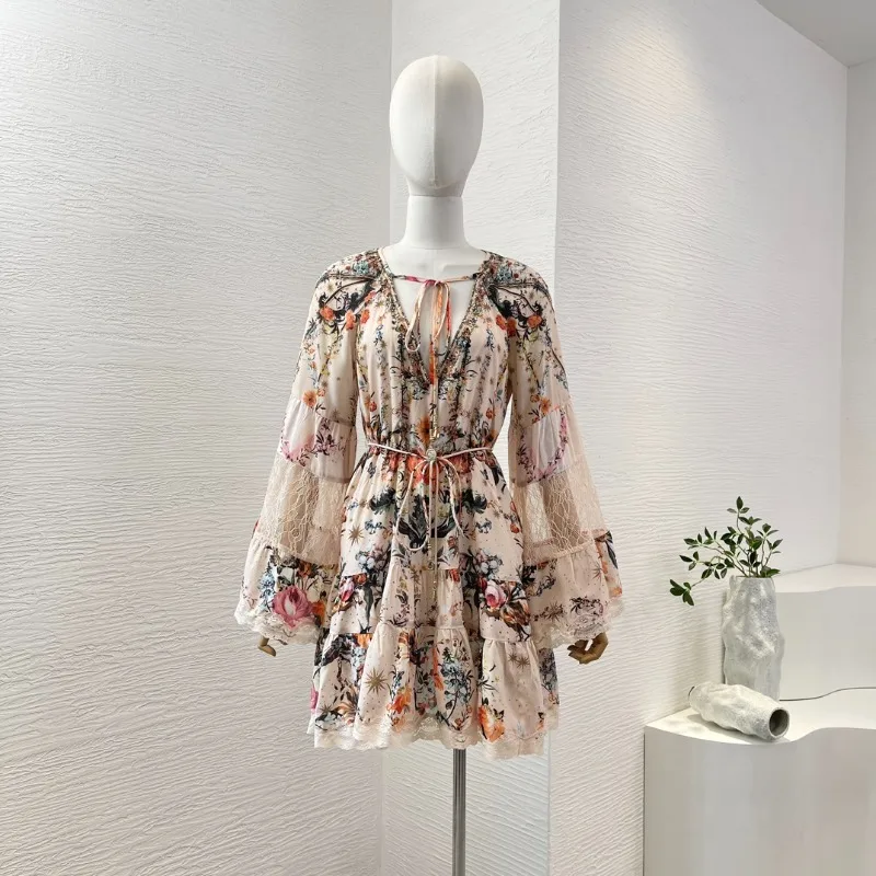 

Woman Nude Floral Print Lace Patchwork Long Sleeve Loose Mini Dress for 2024 New Arrivals Summer Holiday High Quality Dresses