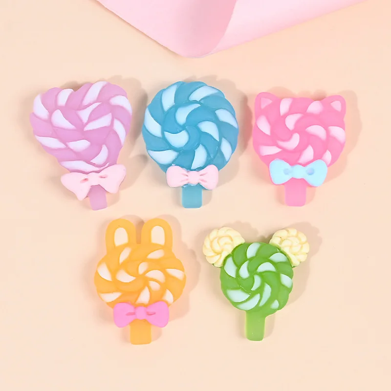 10Pcs New Cute Resin Lolly Figurine Crafts Rainbow Colored Lollipop Flatback Cabochon Ornament Jewelry Making Hairwear Accessory