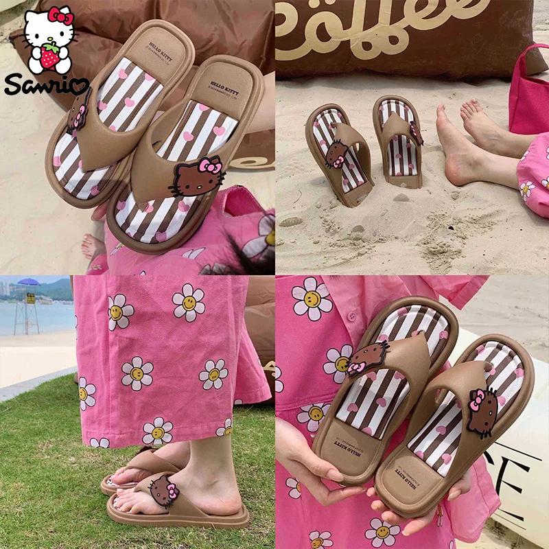 Sanrio Hello Kitty Flip Flop Girl Summer Outdoor Indoor Flat Sandals Kuromi My Melody Cinnamoroll Beach Sandals Fashion Slippers