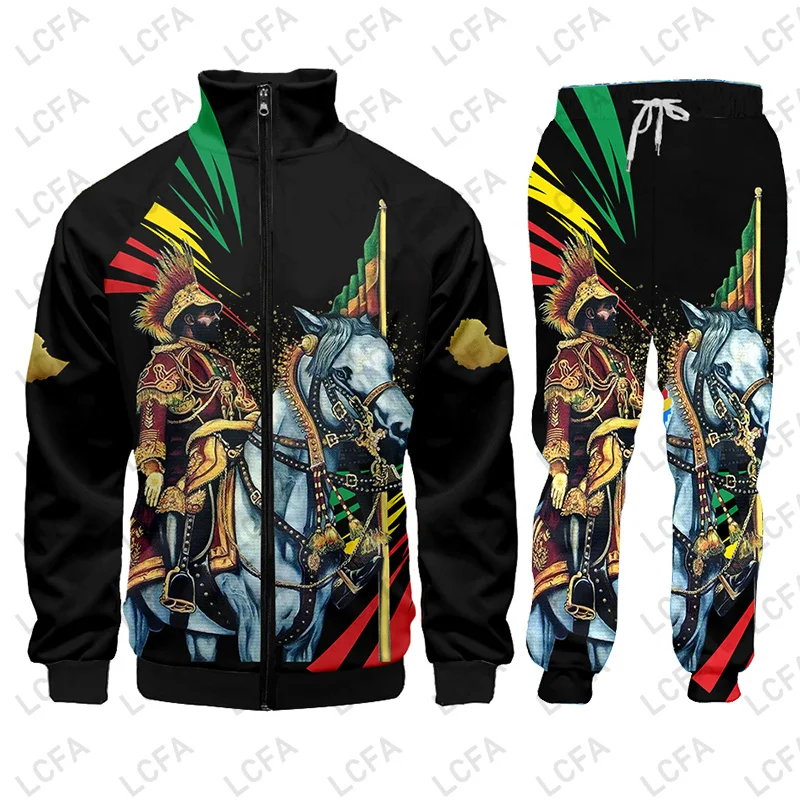 Ethiopia National Flag 3D Print Men Tracksuit 2 Pieces Set Hooded Sweatshirt  Pants Male Zip Hoodies Sportswear Autumn Sportwear