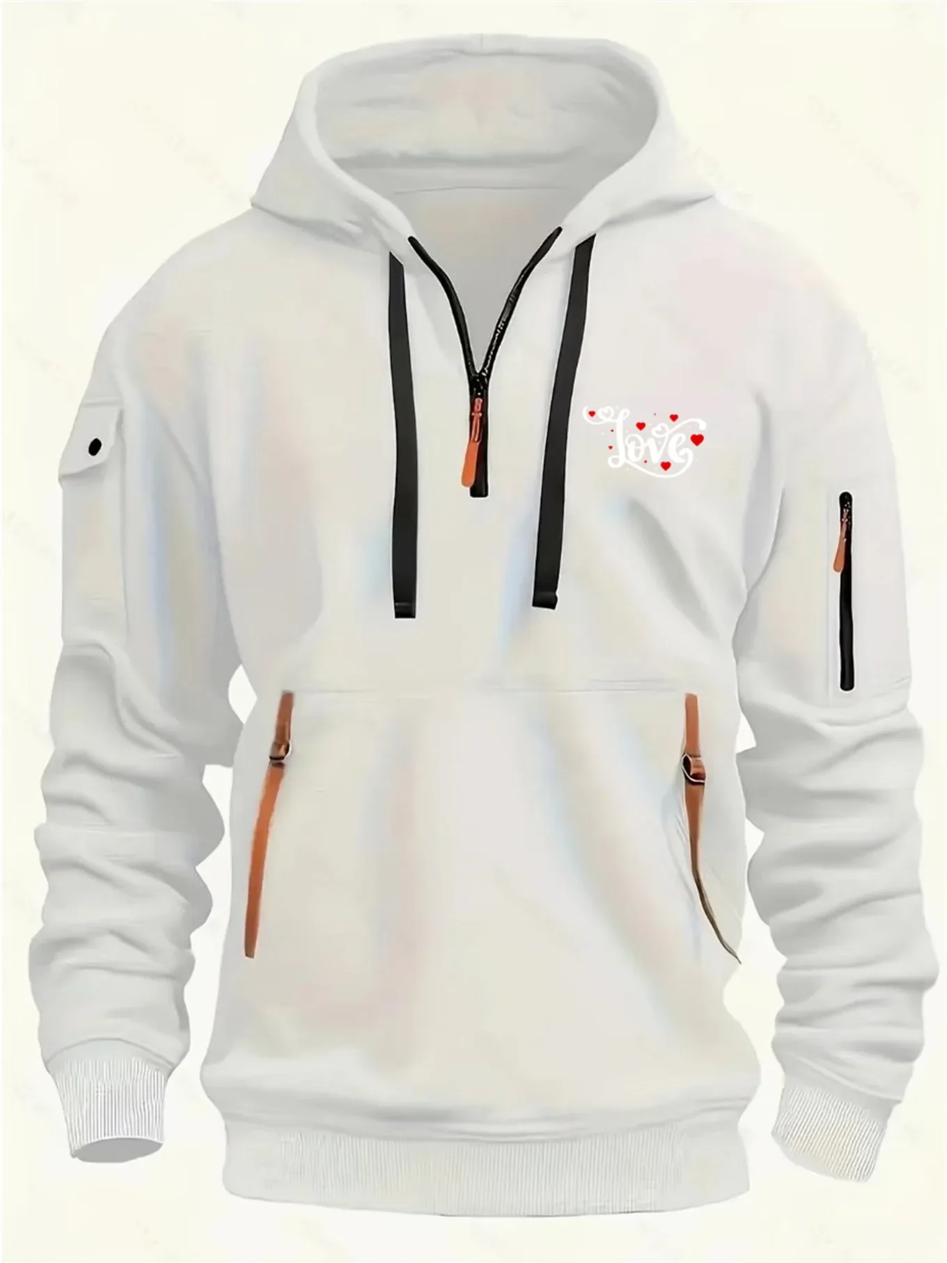 Multi pocket zipper long sleeved men's and women's spring and autumn hoodies, LOVE curves and heart prints can be used as gifts