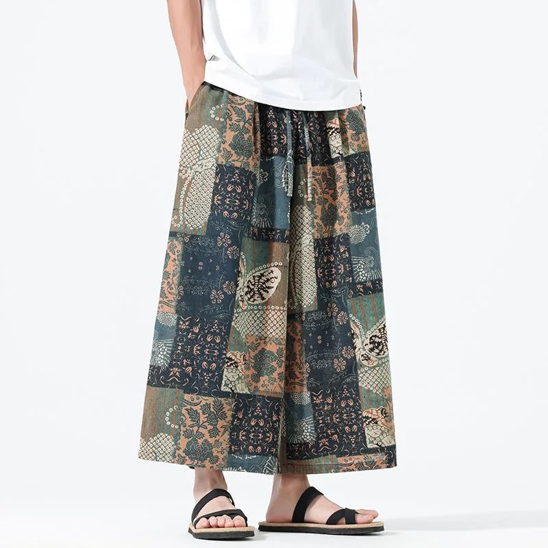 Male Plus Size M-5XL Skirts Pants Men Wide Leg Pocket Linen Ethnic Plaid Print Trousers Gentlemen Nepal Thailand Cozy Pantalons