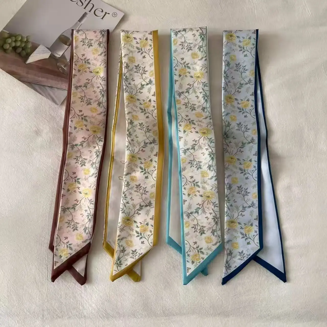 

4pcs/set Imitation Silk Satin Scarf Women Cloth Hair Bands Headdress Accessories Lady Scarves Ribbon Neck Ties for Bag Handle
