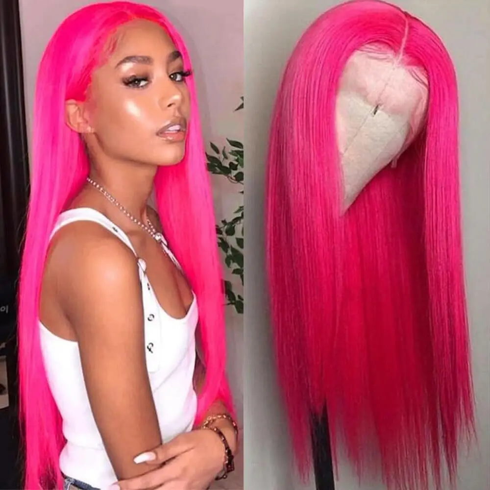

Lace Front Wig Synthetic Long Straight Hot Pink Wig Pre Plucked Natural Hairline