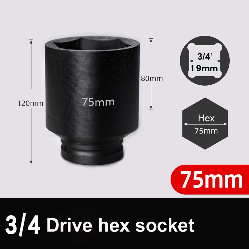 1PC 120mm length 3/4\' Drive Impact Hex Socket 6 Point Metric Deep 22/24/27/32/34/36/38/41/46/50/55/60/65mm 70mm 75mm sleeve tool