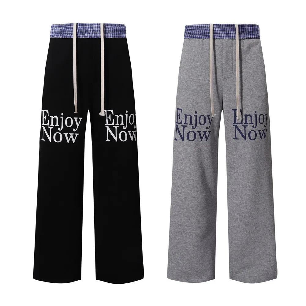 Letters Cotton Drawstring Elastic Waist Wide Leg Plaid SweatPants Trousers for Women Men Streetwear Winter Spring Trends Pants