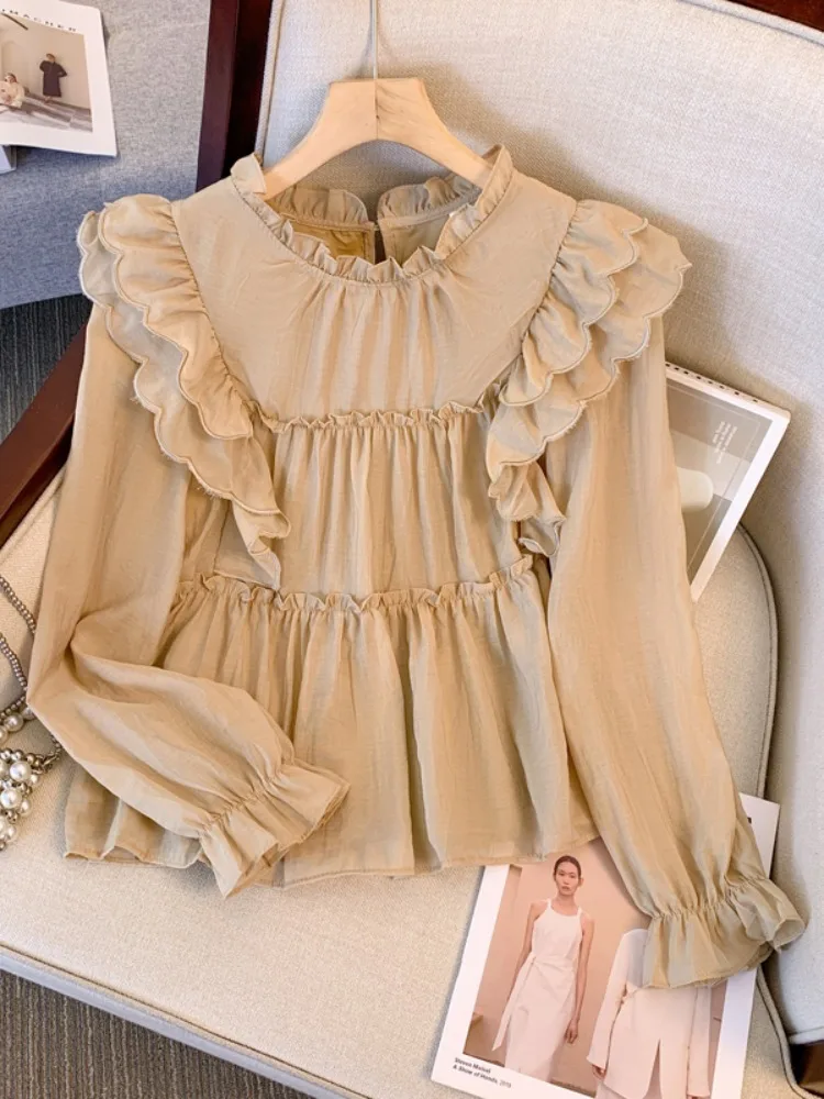 French Ruffled Chiffon Shirt Women's Spring Summer New High Quality Small Flying Sleeve Stitching Thin Elegant Sweet Doll Top