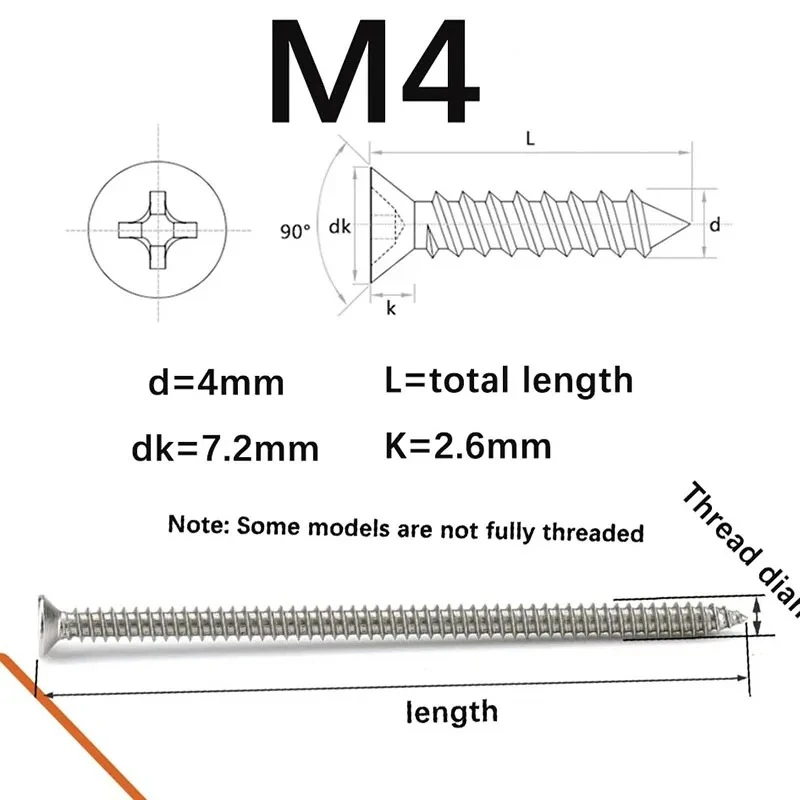 304 Stainless Steel M4 Extended Flat Head Tapping Long Wood Screw Cross Countersunk Head Self-Tapping Long 80-200mm Screw 5PCS