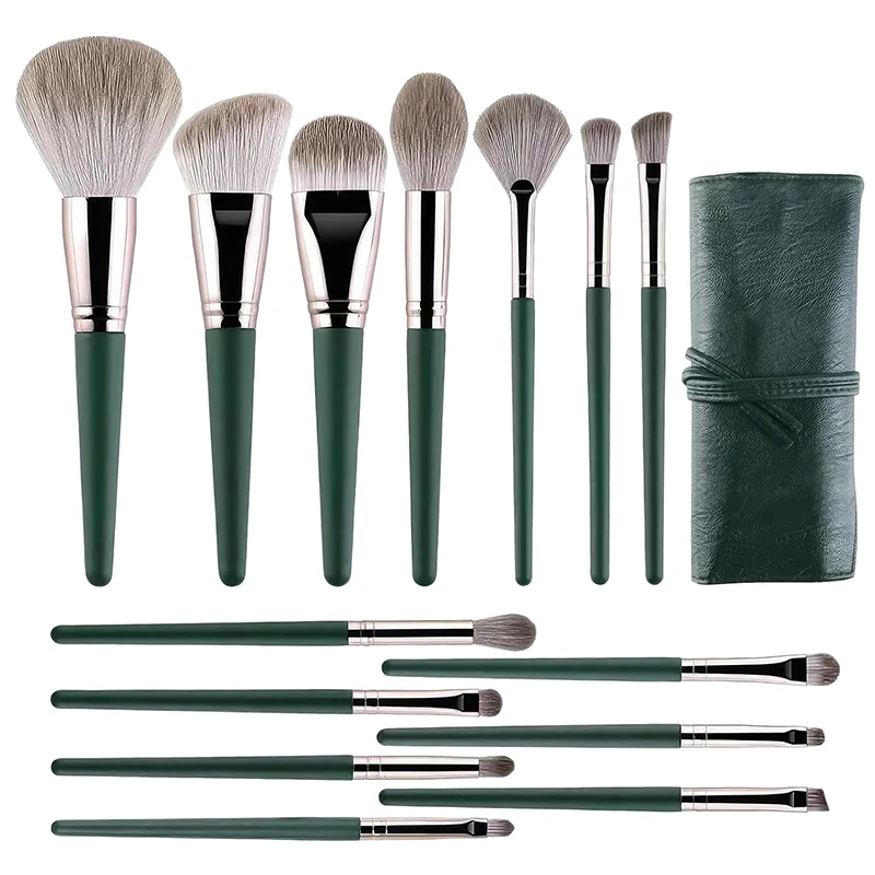 14Pcs Green Makeup Brush Set Synthetic Kabuki Brush Set With Bag Makeup Tools All Brushes Set