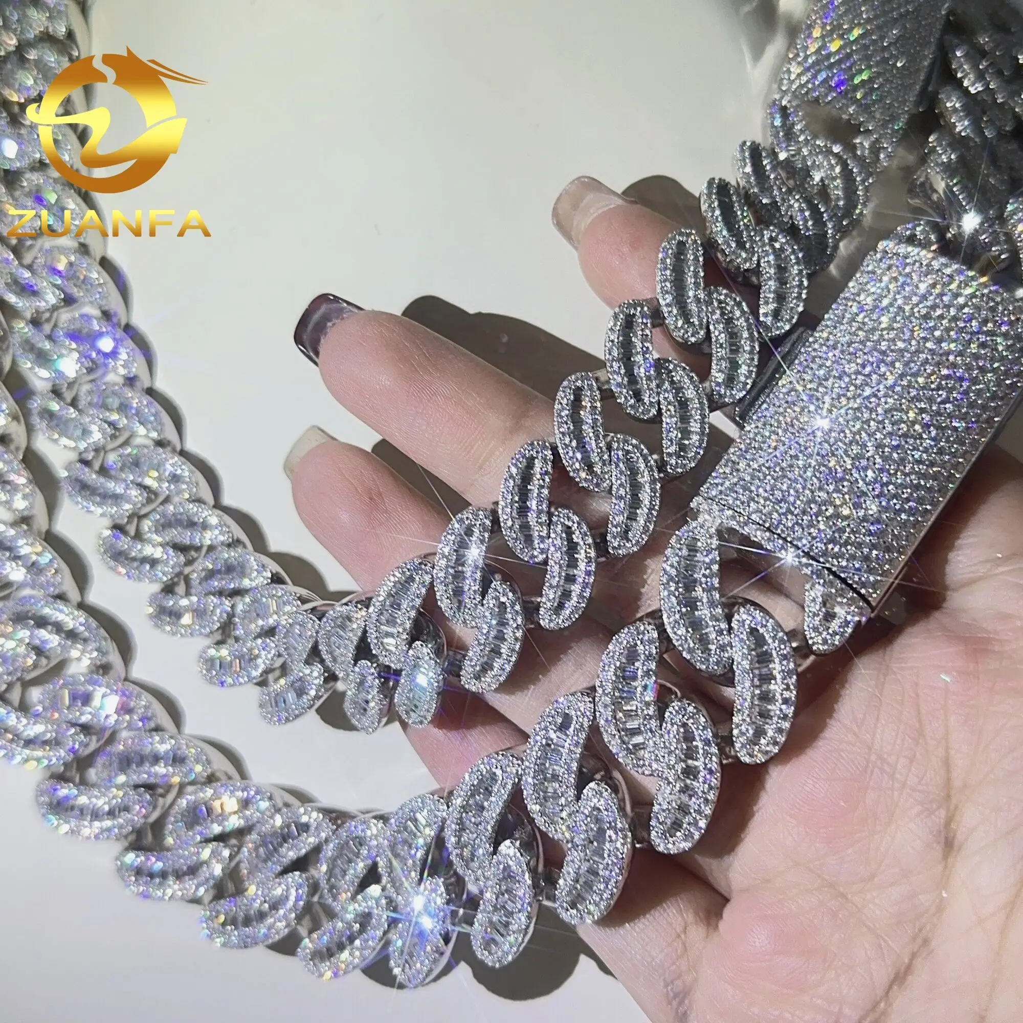 Zuanfa New Arrival 18mm 22mm Moon Shape Baguette Moissanite Cuban Link Chain Ice out Sterling Silver Miami Chain Necklace