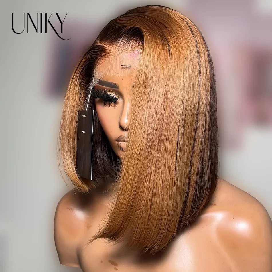 Perruque Bob Brésilienne Naturelle Remy, Cheveux Courts Lisses, Blond Ombré, Dentelle Transparente, Bon Marché, 180%, pour Femme Africaine